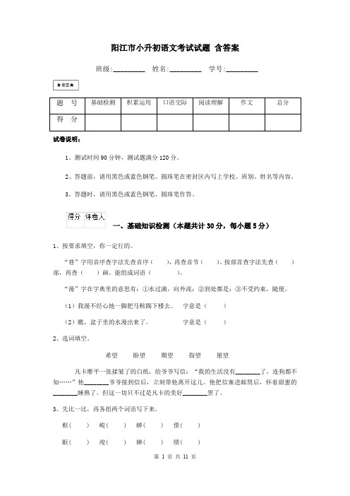 阳江市小升初语文考试试题 含答案