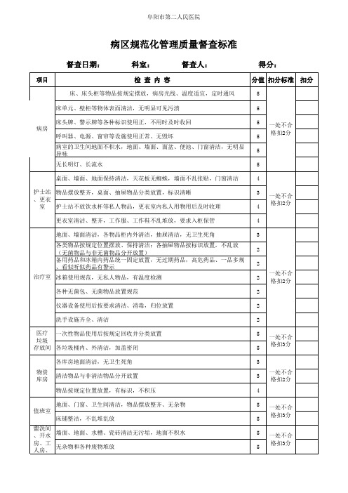 病区规范化管理质量督查标准