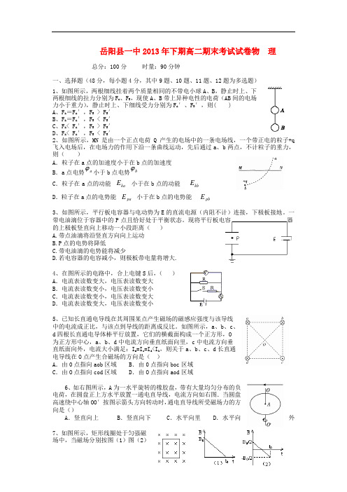 湖南省岳阳县一中2013-2014学年高二物理上学期期末考试试题 理 新人教版
