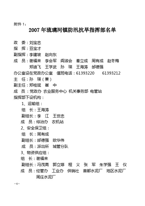 2007年琉璃河镇防汛抗旱指挥部名单