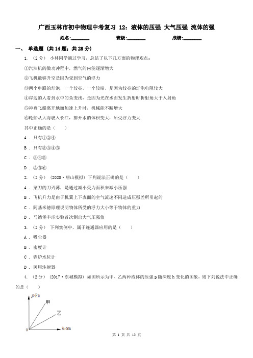 广西玉林市初中物理中考复习 12：液体的压强 大气压强 流体的强