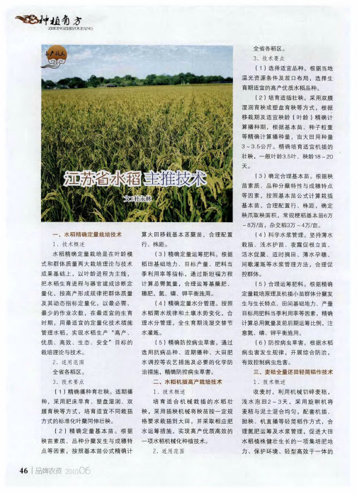 江苏省水稻主推技术