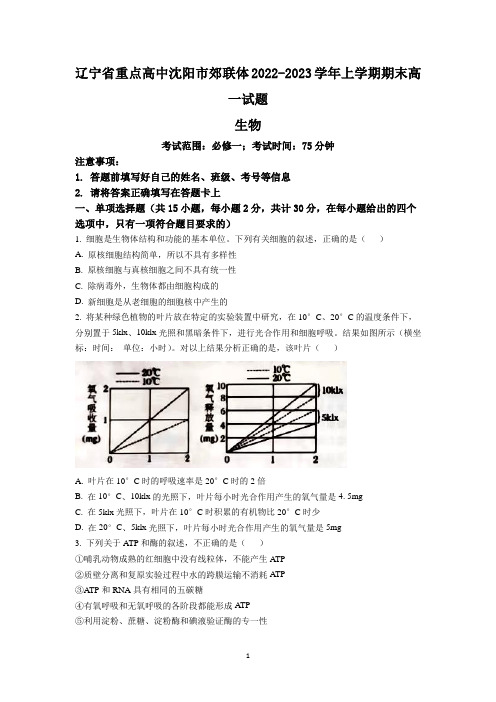 辽宁省重点高中沈阳市郊联体2022-2023学年高一上学期期末生物试题及参考答案