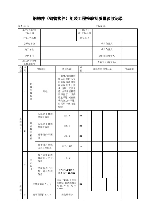 钢构件(钢管构件)组装工程检验批质量验收记录