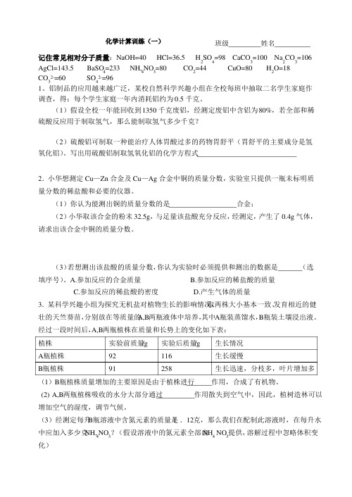 浙教版初中科学九年级下化学计算训练