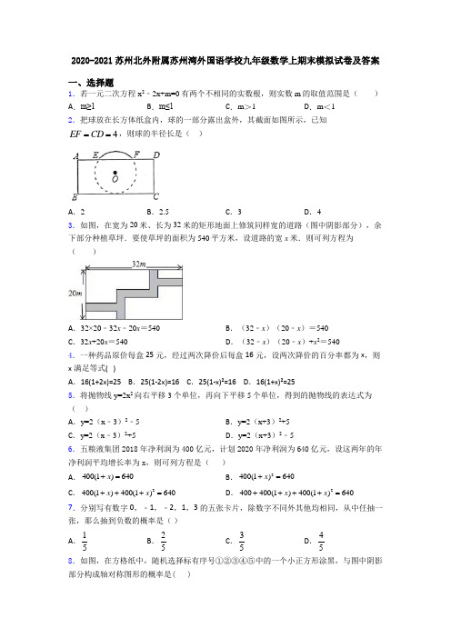 2020-2021苏州北外附属苏州湾外国语学校九年级数学上期末模拟试卷及答案
