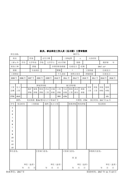 机关、事业单位工作人员(见习期)工资审批表
