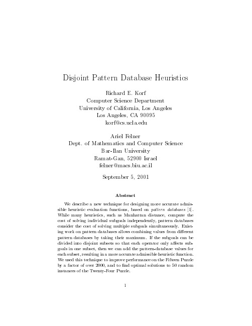 Disjoint pattern database heuristics