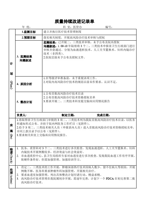医院医管办建立并执行医疗技术管理制度PDCA持续质量改进记录表PDCA模板
