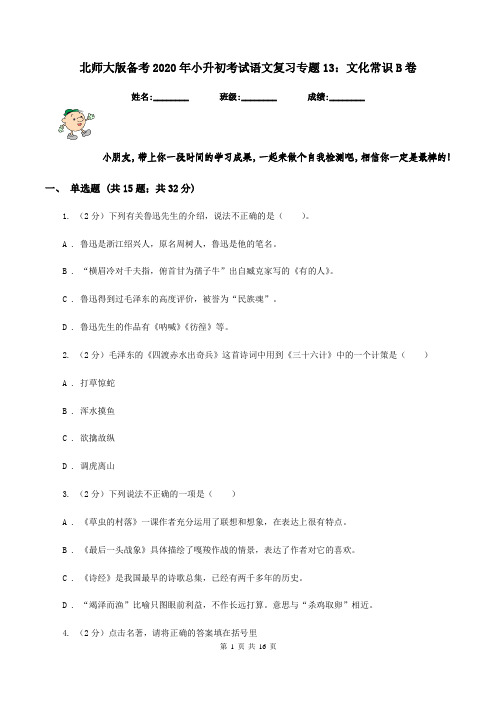 北师大版备考2020年小升初考试语文复习专题13：文化常识B卷