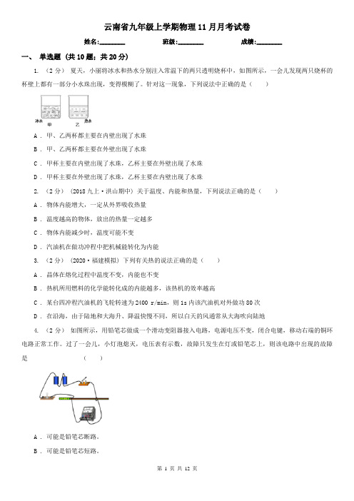 云南省九年级上学期物理11月月考试卷
