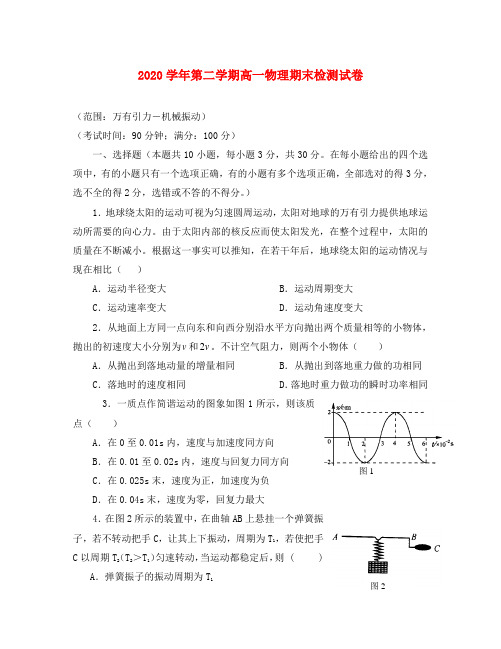 2020学年第二学期高一物理期末检测试卷 人教版