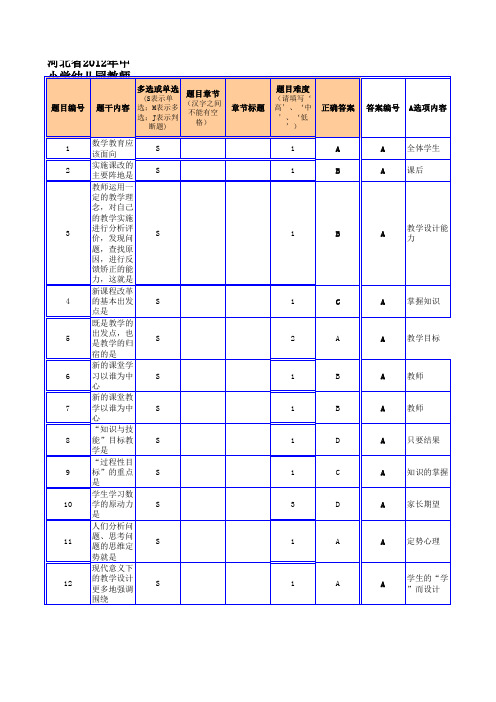 河北省2012年中小学幼儿园教师全员远程培训结业考试初中数学试题答案