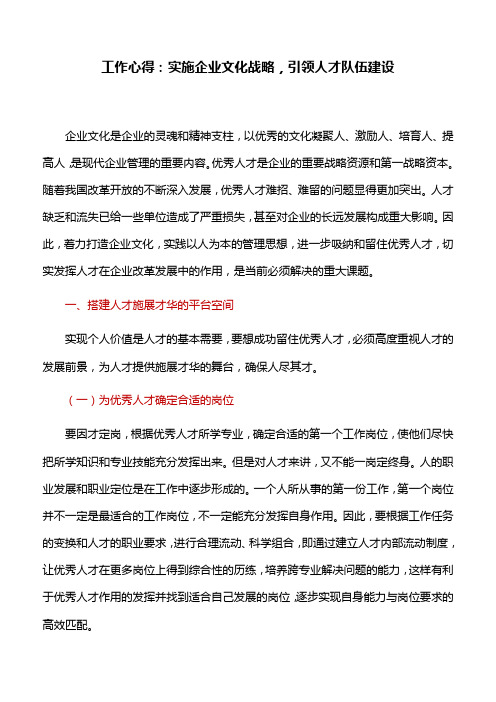 工作心得：实施企业文化战略,引领人才队伍建设