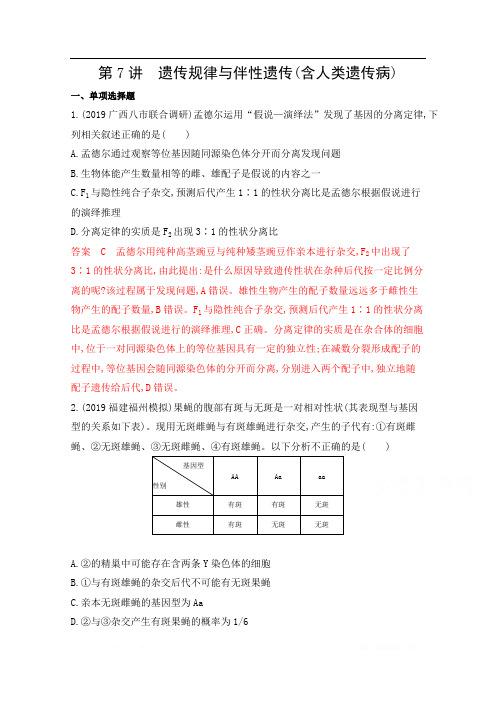 2020届高考生物山东版二轮复习训练题：第7讲 遗传规律与伴性遗传(含人类遗传病) 