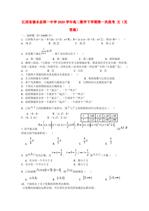 江西省修水县第一中学2020学年高二数学下学期第一次段考 文(无答案)