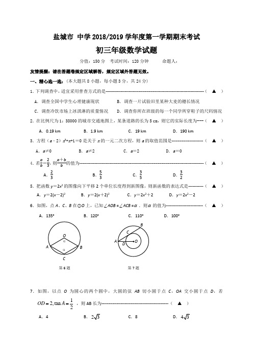 江苏省盐城市中学2019届九年级上学期期末考试数学试题