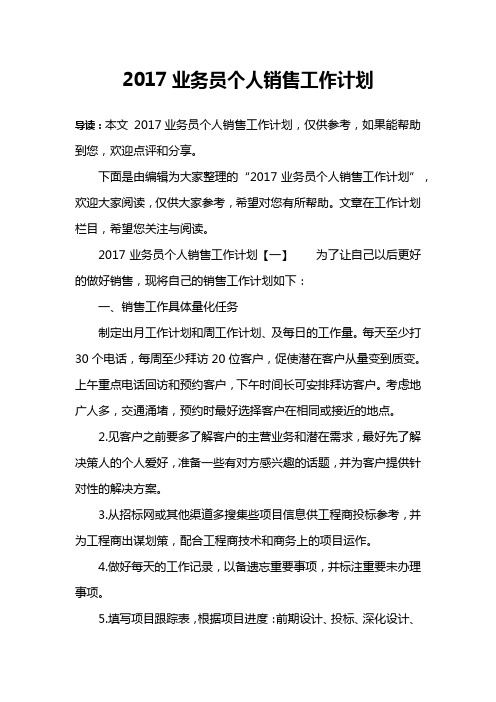 2017业务员个人销售工作计划