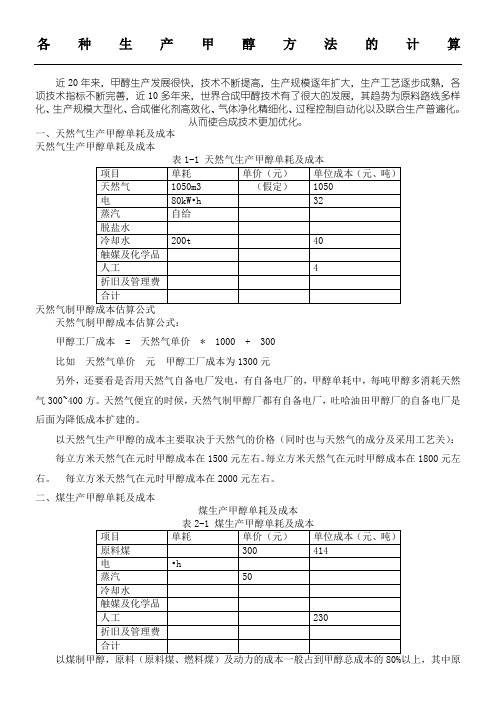 各种生产甲醇办法的计算