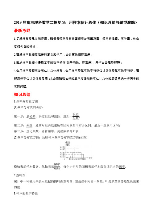 2019届高三理科数学二轮复习：用样本估计总体(知识总结与题型演练)