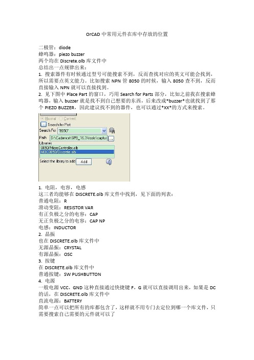 OrCAD中常用元件在库中存放的位置