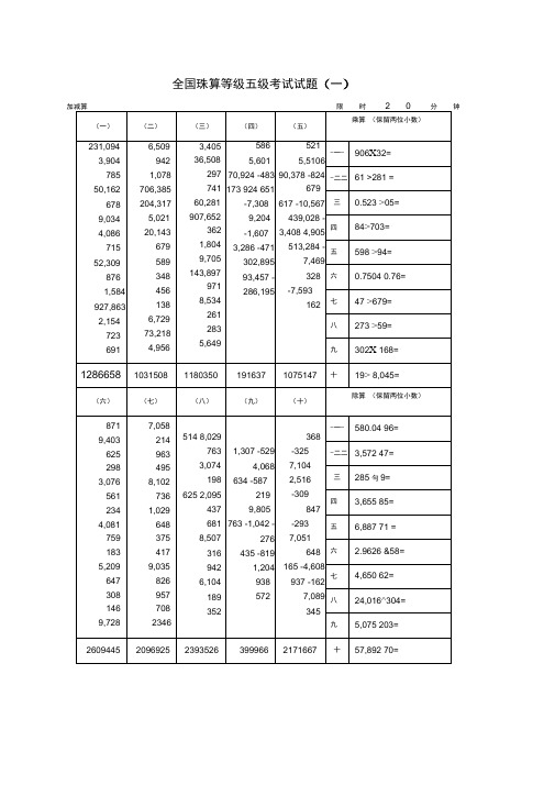 珠算等级五级考试试及答案