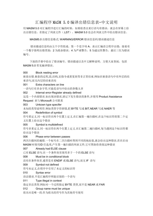 汇编程序MASM错误信息
