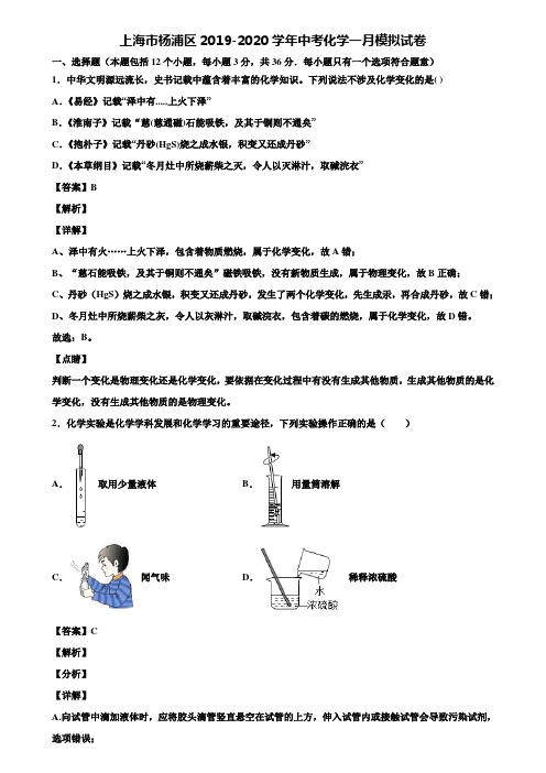 上海市杨浦区2019-2020学年中考化学一月模拟试卷含解析