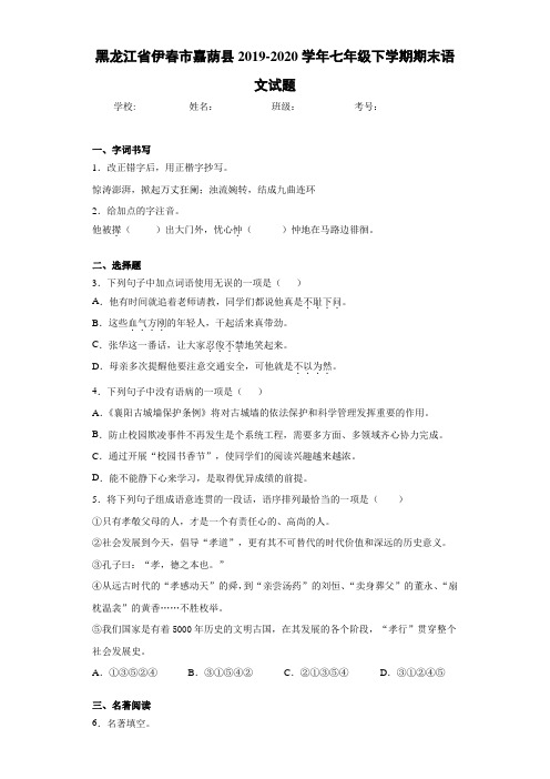 黑龙江省伊春市嘉荫县2019~2020学年七年级下学期期末语文试题(含答案解析)