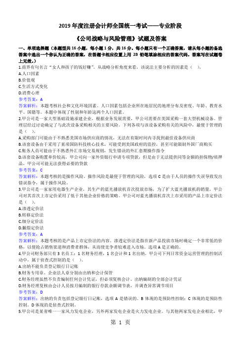 2019年注册会计师考试《战略》试题及答案精品文档14页