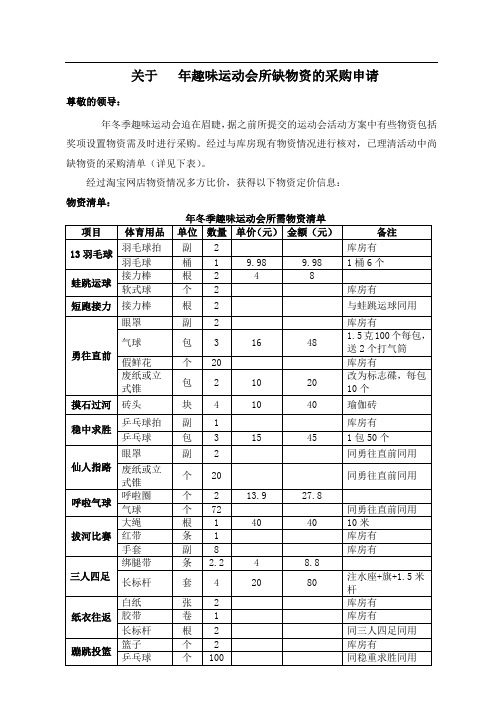 关于趣味运动会所缺物资的采购申请