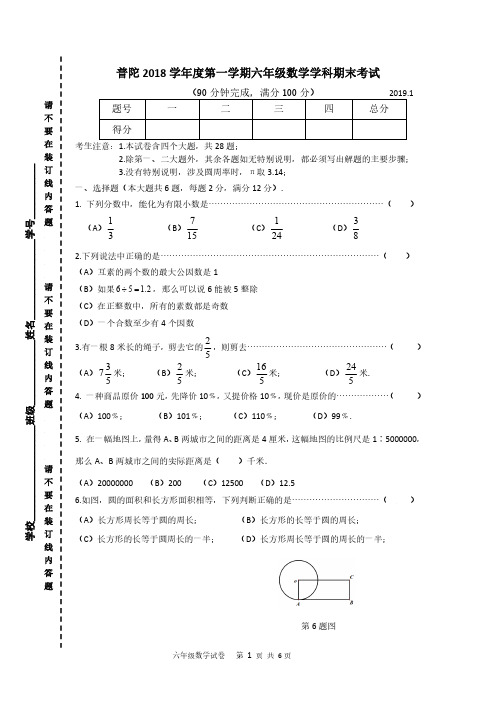 上海市普陀区2018学年度第一学期六年级数学期末试卷(附答案)