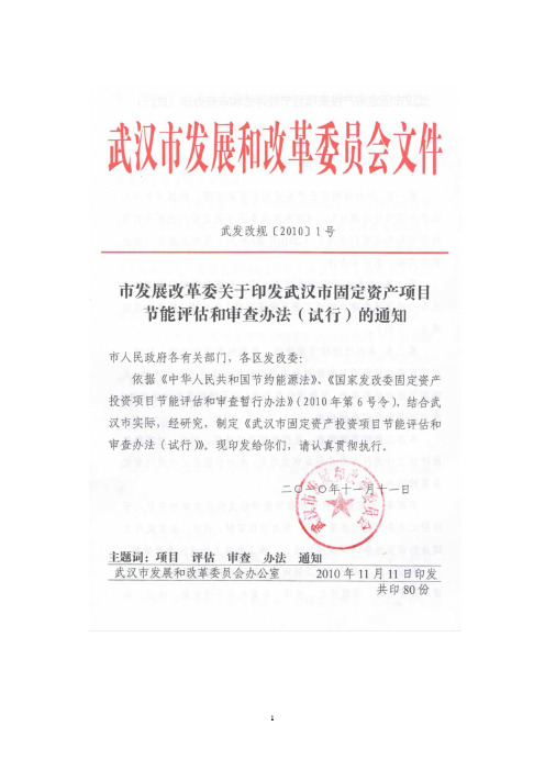武汉市固定资产投资项目节能评估和审查办法(试行)-武发改规(2010)1号101111