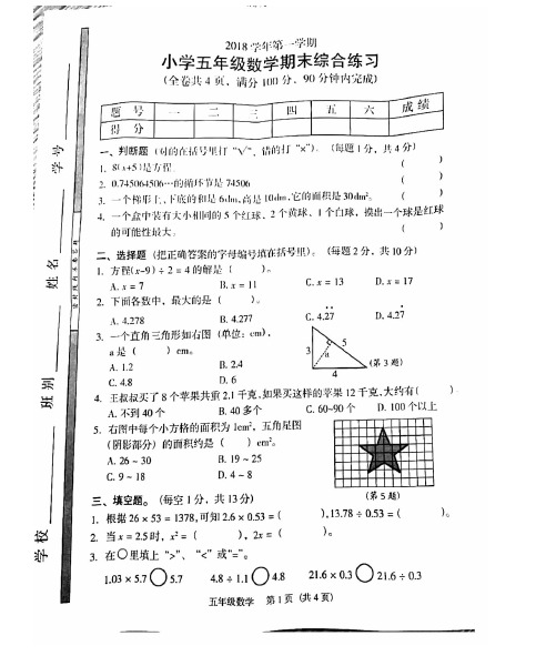 2018-2019学年广州市荔湾区五年级上学期数学期末试题--带答案--广州小学