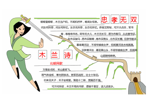 花木兰诗配画手抄报-手抄报空白模板A4黑白线稿