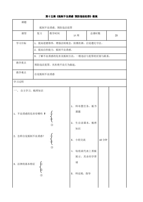 思想品德：第十五课《抵制不良诱惑 预防违法犯罪》教案(鲁教版七年级下)