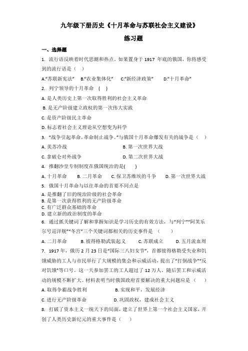 北师大版九下历史第四课十月革命与苏联社会主义建设试题