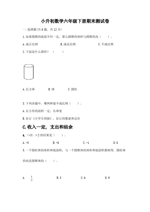 小升初数学六年级下册期末测试卷及答案(全优)