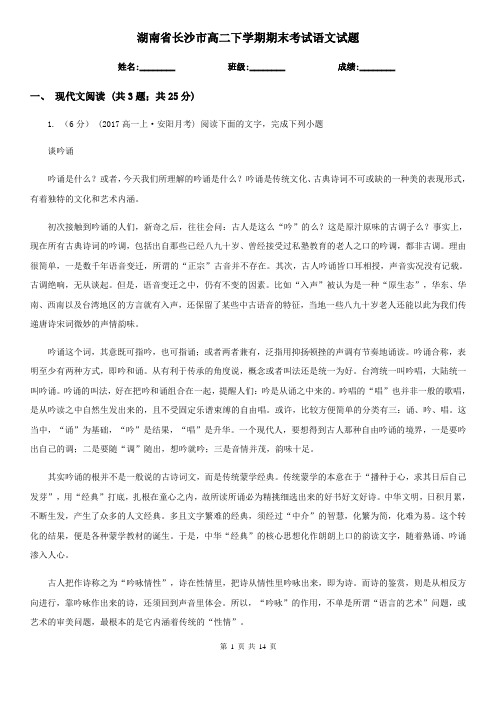 湖南省长沙市高二下学期期末考试语文试题