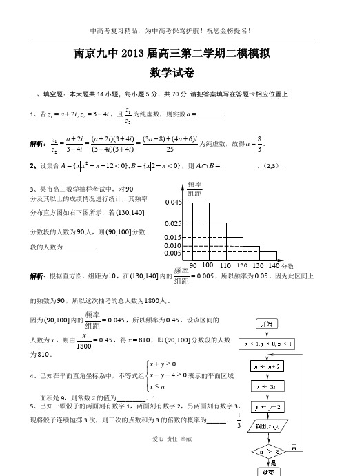 江苏南京九中2013届高三下学期二模模拟数学试题