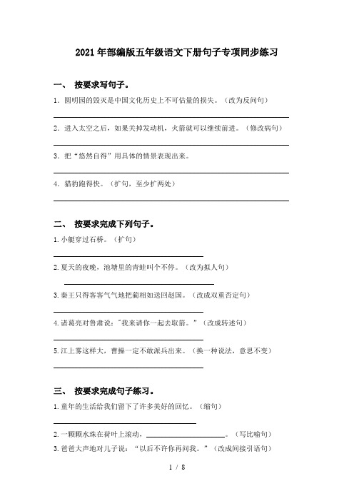 2021年部编版五年级语文下册句子专项同步练习