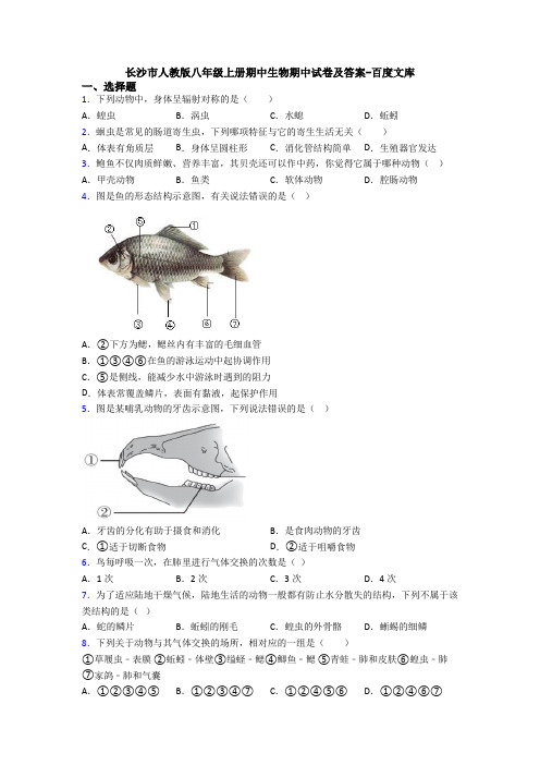 长沙市人教版八年级上册期中生物期中试卷及答案-百度文库