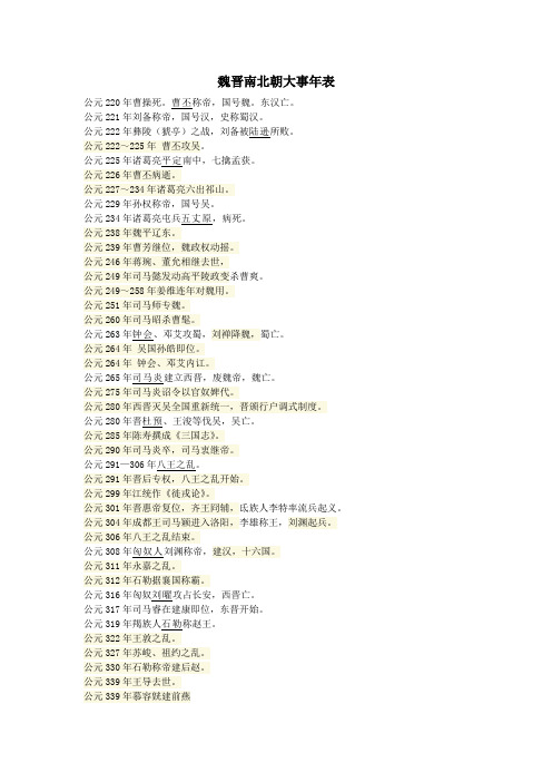 魏晋南北朝大事年表