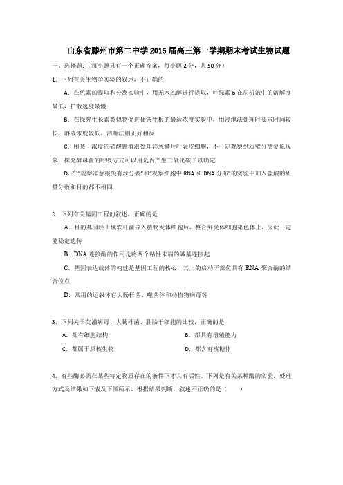 山东滕州第二中学2015届高三第一学期期末考试生物试题.doc