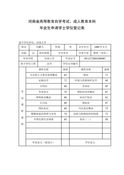 河南大学学位申请有关表格