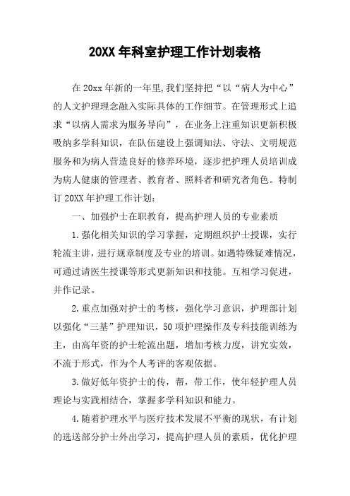 20XX年科室护理工作计划表格