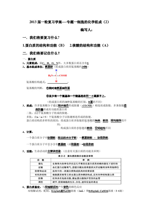 2013届一轮复习学案----专题一细胞的化学组成(2)