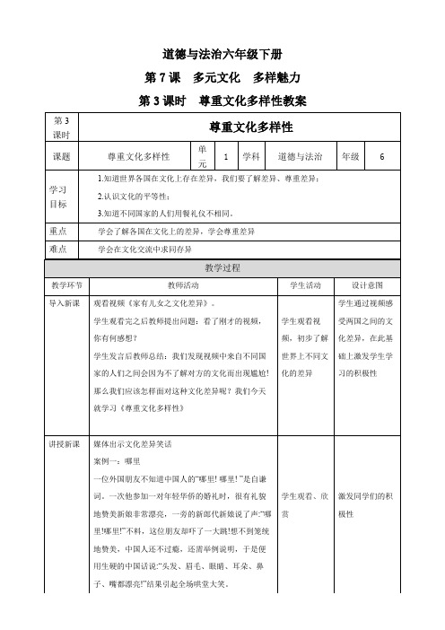 统编人教部编版六年级下册道德与法治第7课多元文化多样魅力第3课时尊重文化多样性教案