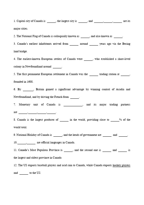 Test for Canada 英语国家概况：加拿大部分测试题