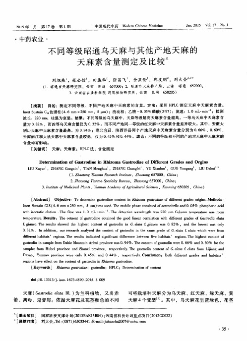 不同等级昭通乌天麻与其他产地天麻的天麻素含量测定及比较